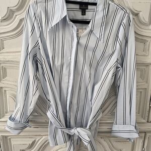 Worthington Light Blue and Black Striped Tie-Hem Button-Down Shirt